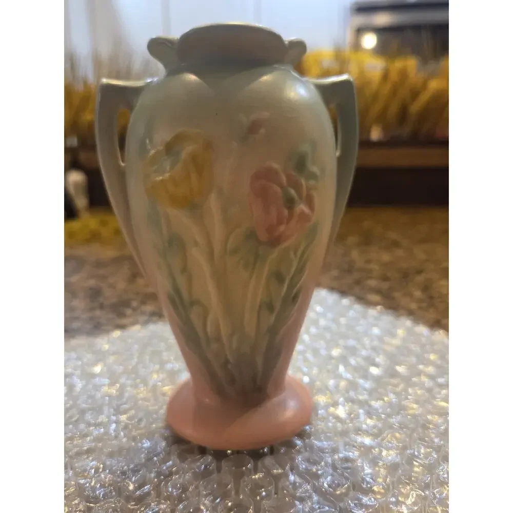 Hull 607-5 1/2 Art Pottery Floral Vase Blue Pink Yellow 1940s Impressed Vintage